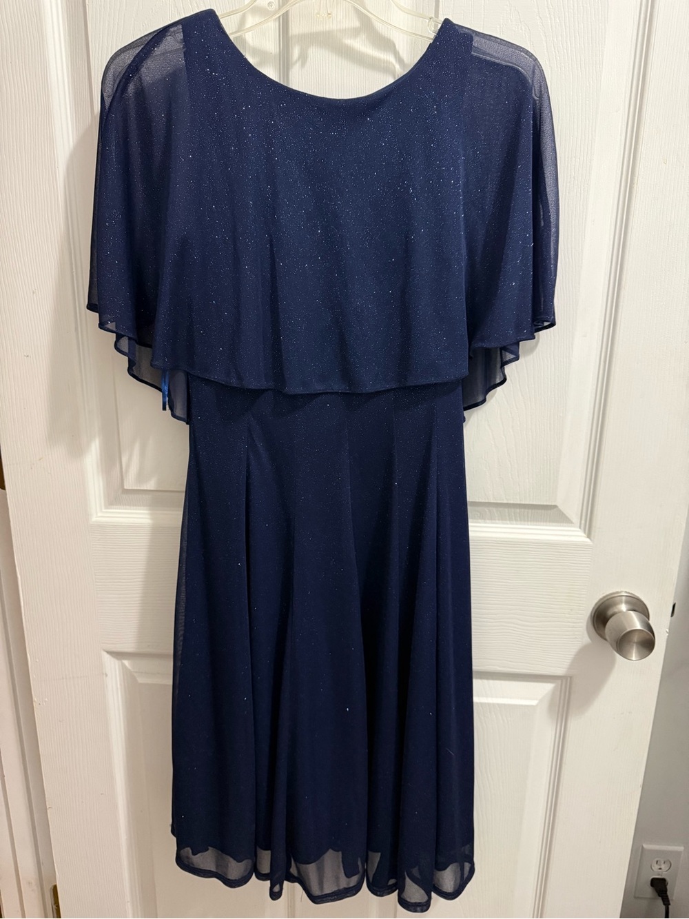 Navy Sparkle Midi Dress with Chiffon Capelet